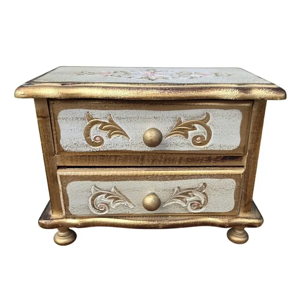 VTG Florentine Style Music Box Jewelry Chest Gold Ivory Romantic Vanity Decor